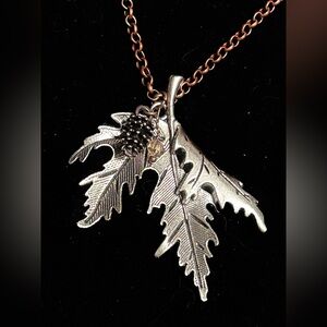 Handmade Silver -Tone Oak Leaf Pendant Necklace with Copper Pinecone and Chain